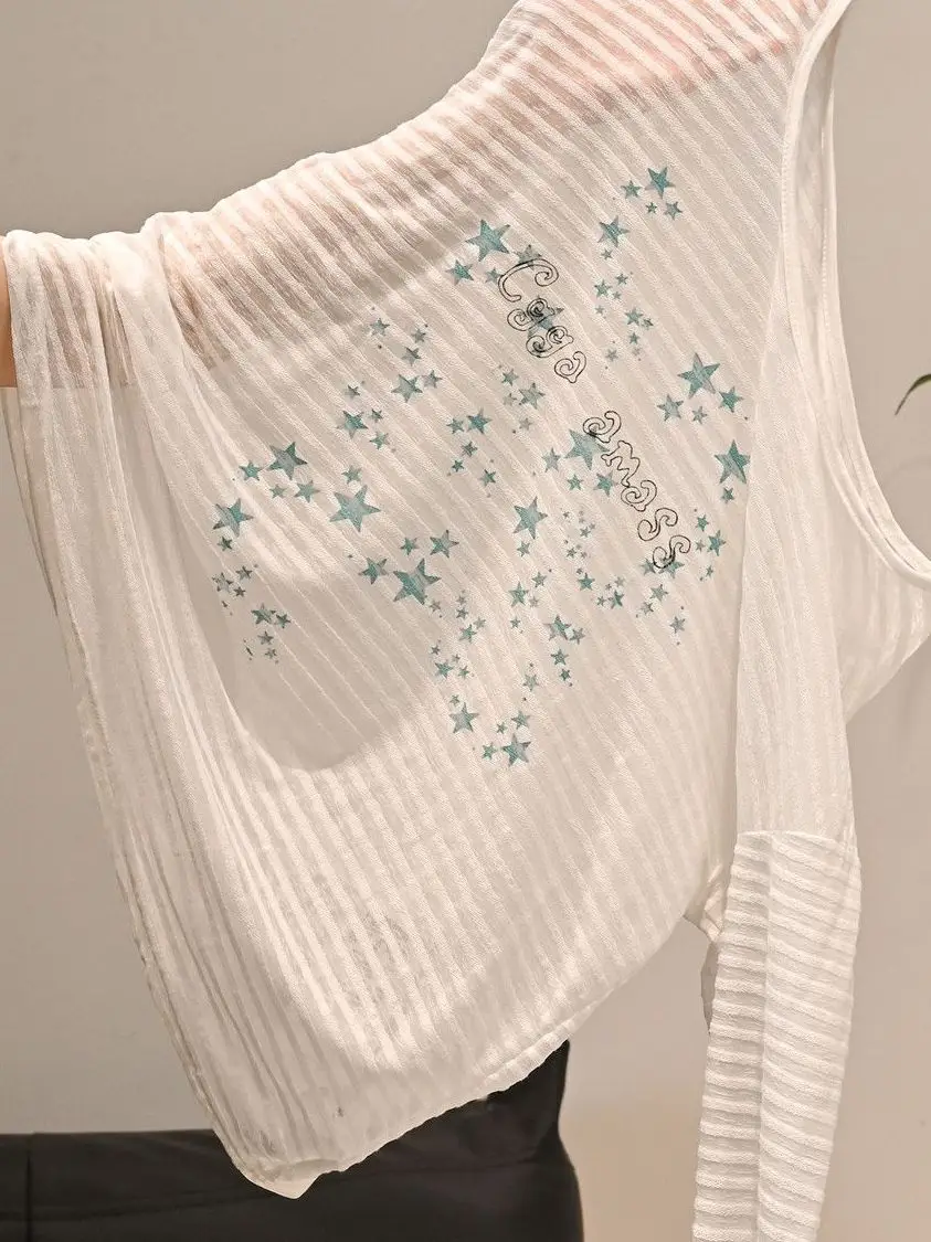 White Loose Shoulder Casual Long Sleeve T-Shirt Women's Spring Summer Autumn Korean Style Retro Thin Transparent Loose Fit Top