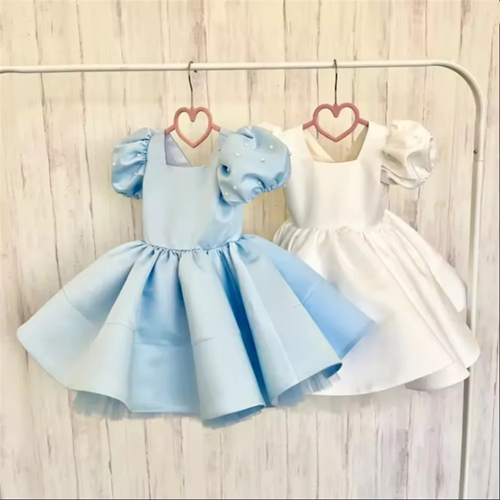 

Lovely White Toddler Flower Girl Dress for Wedding Satin Pearls Girls Birthday Party Holy First Communion Dress Casual Outfits