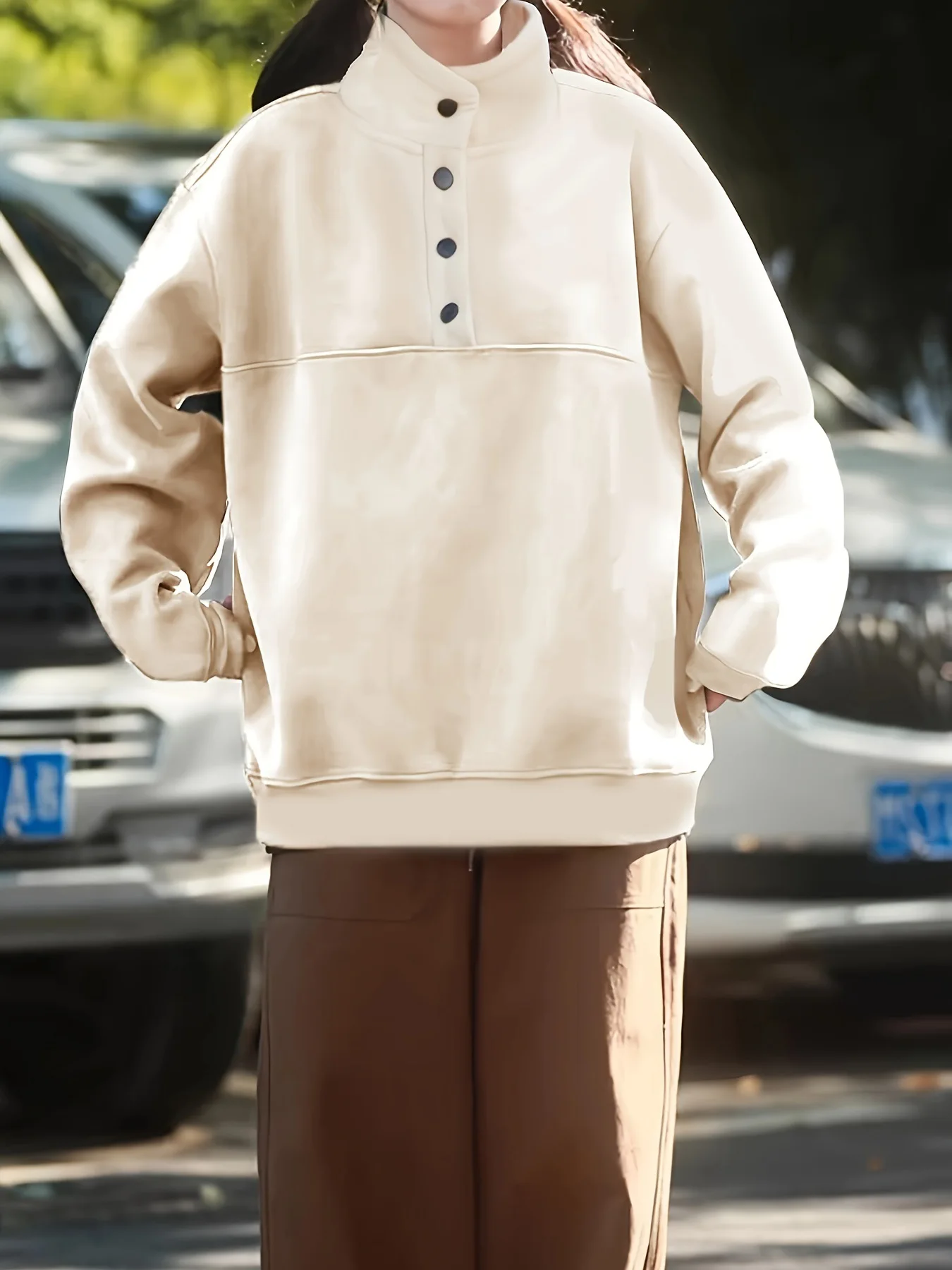 Herbst und Winter neuer Hoodie einfarbig Modetrend Pullover Stehkragen Knopf lockerer lässiger Hoodie