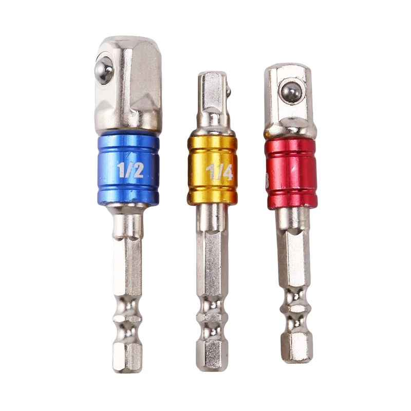 3PCS Socket Adapter Impact Set Hex Shank To 1/4 3/8 1/2 Inch Colorful Extension Converter Impact Drill Bits Driver Power Hand To