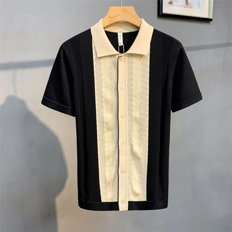 2024 Summer Casual Short New Models Knitwear Turn-down Collar Splicing Popularity Temperament Simplicity Creative Men\'s Clothing