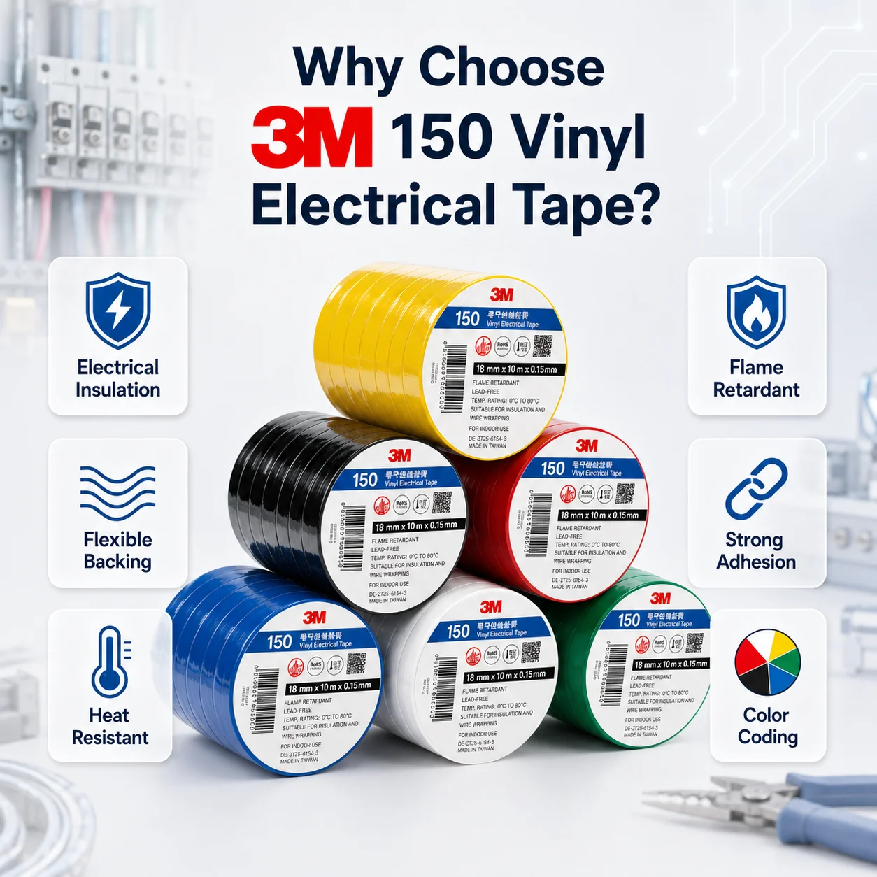 3M 150 PVC Vinyl Electrical Tape Flame Retardant Lead-Free Insulation Wire Wrap For Cable Repair Wires Cables 6 Colors 18mmx10m