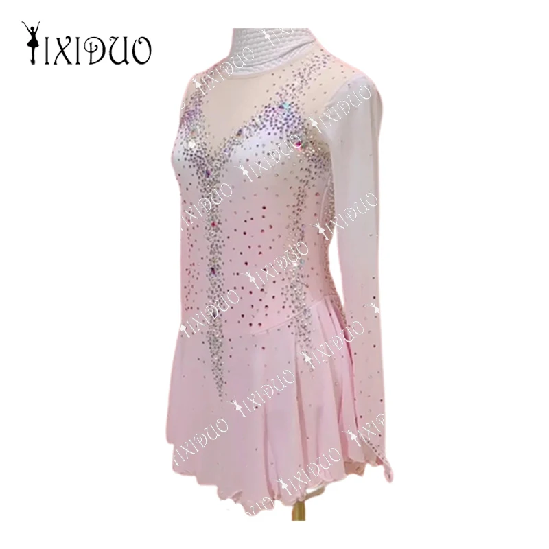 Competition Figure Ice Skating Dress Outfits Crystal Rhinestones Long Sleeve Mesh Spandex Women Girls Child Dancewear Costume