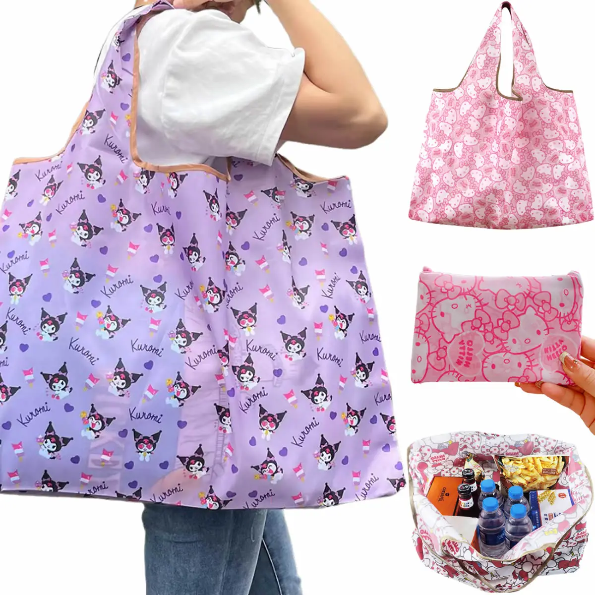 Hello Kitty Shopping Bag Sanrio Melody Kuromi large-capacity Foldable Portable Eco-Friendly Supermarket Shopping Bag storage bag