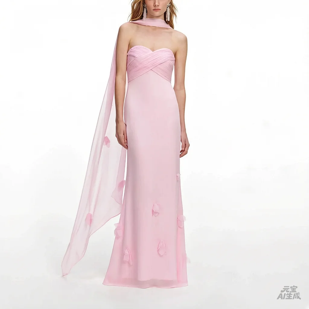 

Women's Customized Pleats Strapless 3D Flowers Evening Dresses Sleeveless With Ribbons Floor-Length Elegant Dresses 2026