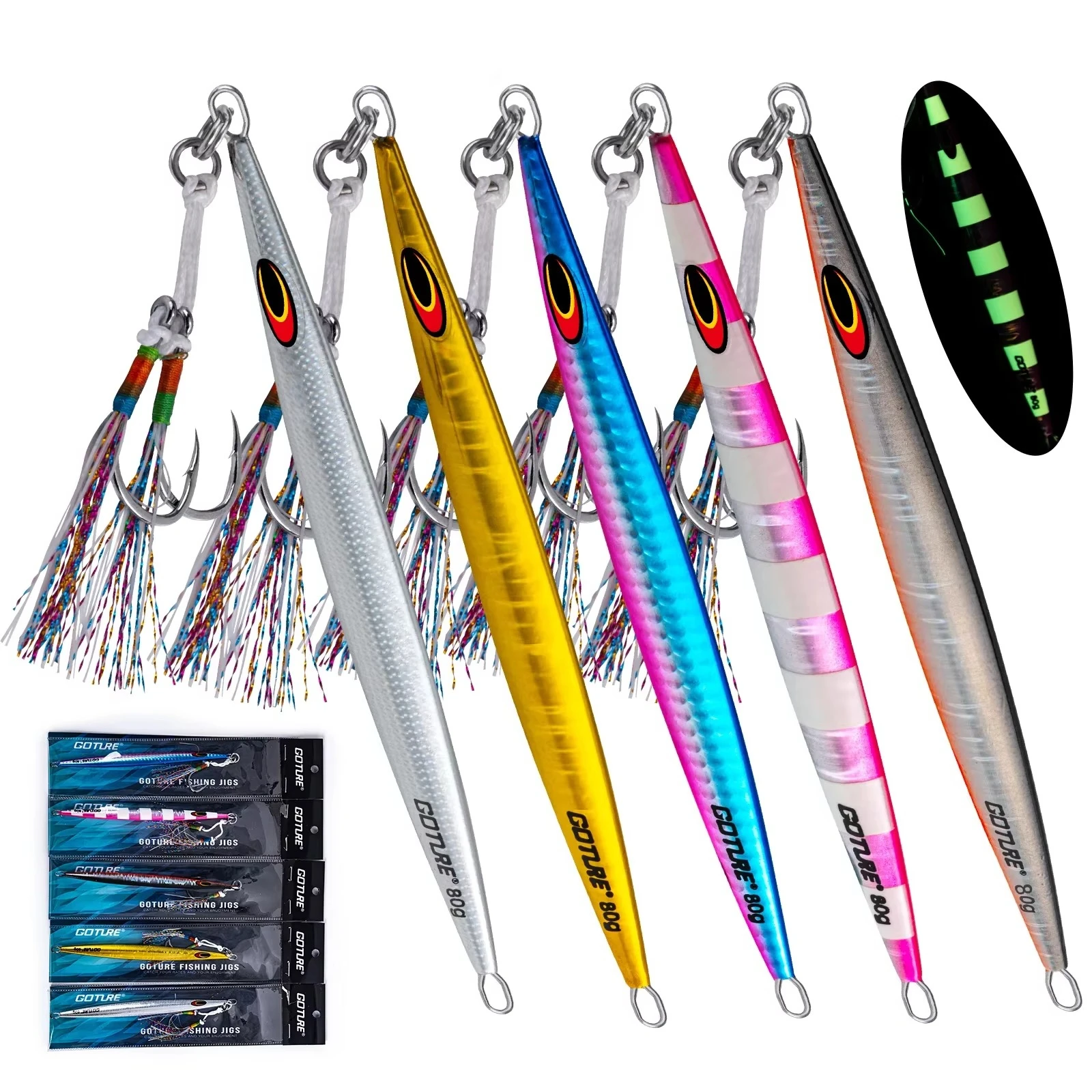 

Goture 1pcs Fast sink luminous Metal Jig Fishing Lure 80g 100g 150g 200g 250g OffShore Slow Pitch Glow Jig Spoon Hard Sea Lure