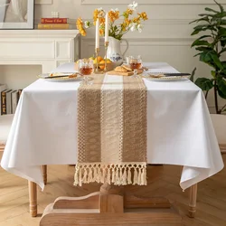 Color Block Cotton Linen Table Runner Hollow Fringed Dining Table Decoration Tea Home Decor Folk Style Wholesale