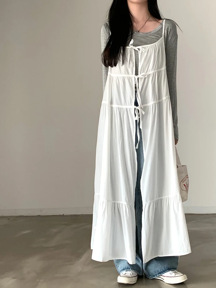 Vestido de Verão F 2024 Novo Estilo Frente e Costas com Laço Borboleta, Cinto, Crimento Midi, Alças em Camadas, Est...