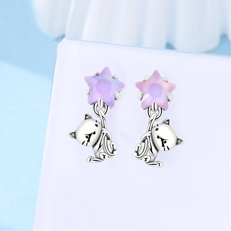 

925 Sterling Silver Earrings Women Shinning Cat Picking Star Stud Earrings For Party Anniversary Wedding Gift