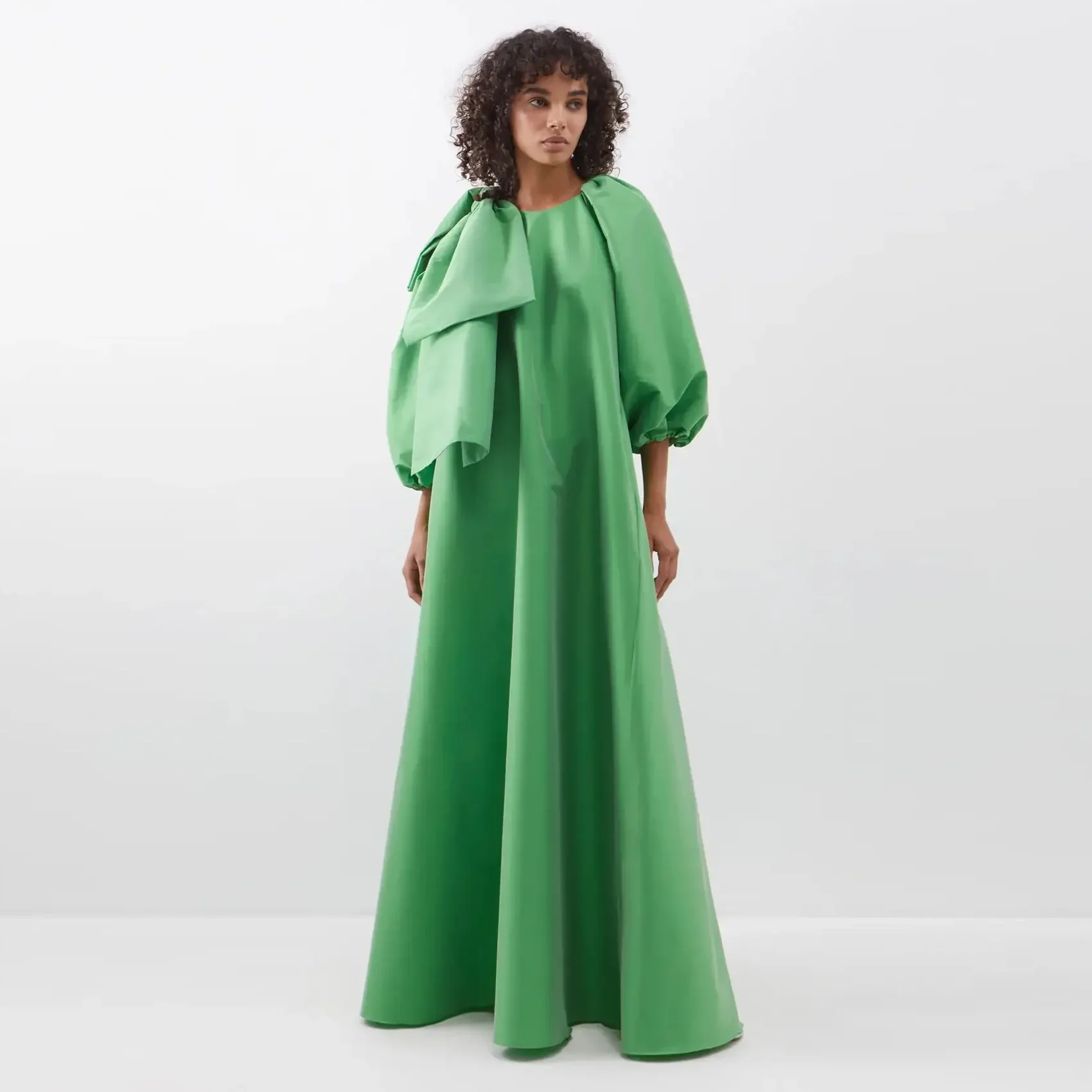 Gorgeous Silk Taffeta Caftan Maxi Dress Puff Sleeves Big Bow Green Evening Dresses Oversize فساتين للحفلات الراقصة Formal Gowns