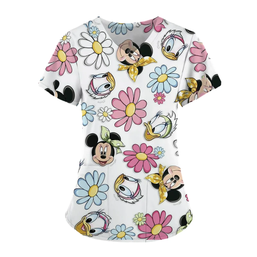 

Woman Clothes Disney T-shirt Summer T-shirts Hospital Tops Nurse Uniform Top Women 2023 Minnie Mouse Pocket V Neck Mickey Tees