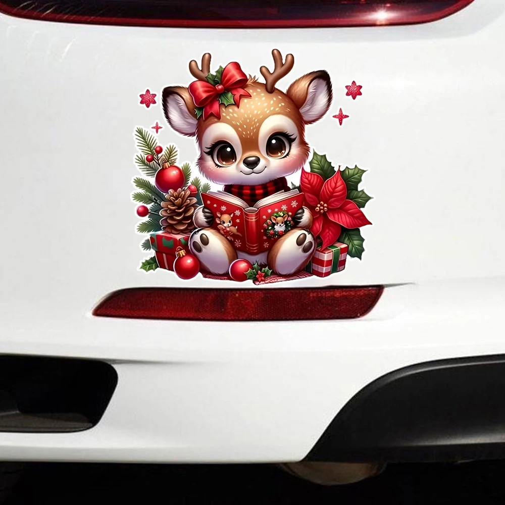 

12x12cm, Festive Deer Reading Vinyl Decal Car Sticker for Laptop, Truck, Motorcycle, Window, Wall - Durable and Weather