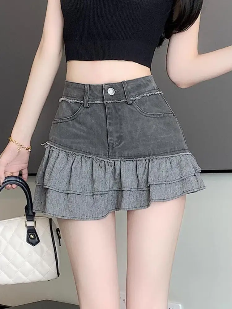 

Summer Vintage Khaki Grey Denim Patchwork Ruffles Edge Mini Skirt Women Streetwear Y2k 2025 New Vacation Short Jean Skirt Trendy