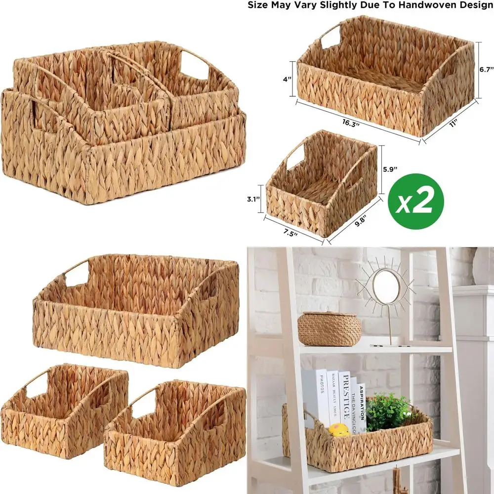 

Natural Water Hyacinth Storage Baskets, Handwoven Wicker Storage Bins with Built-in Handles, Storage Container Baskets for Shelv