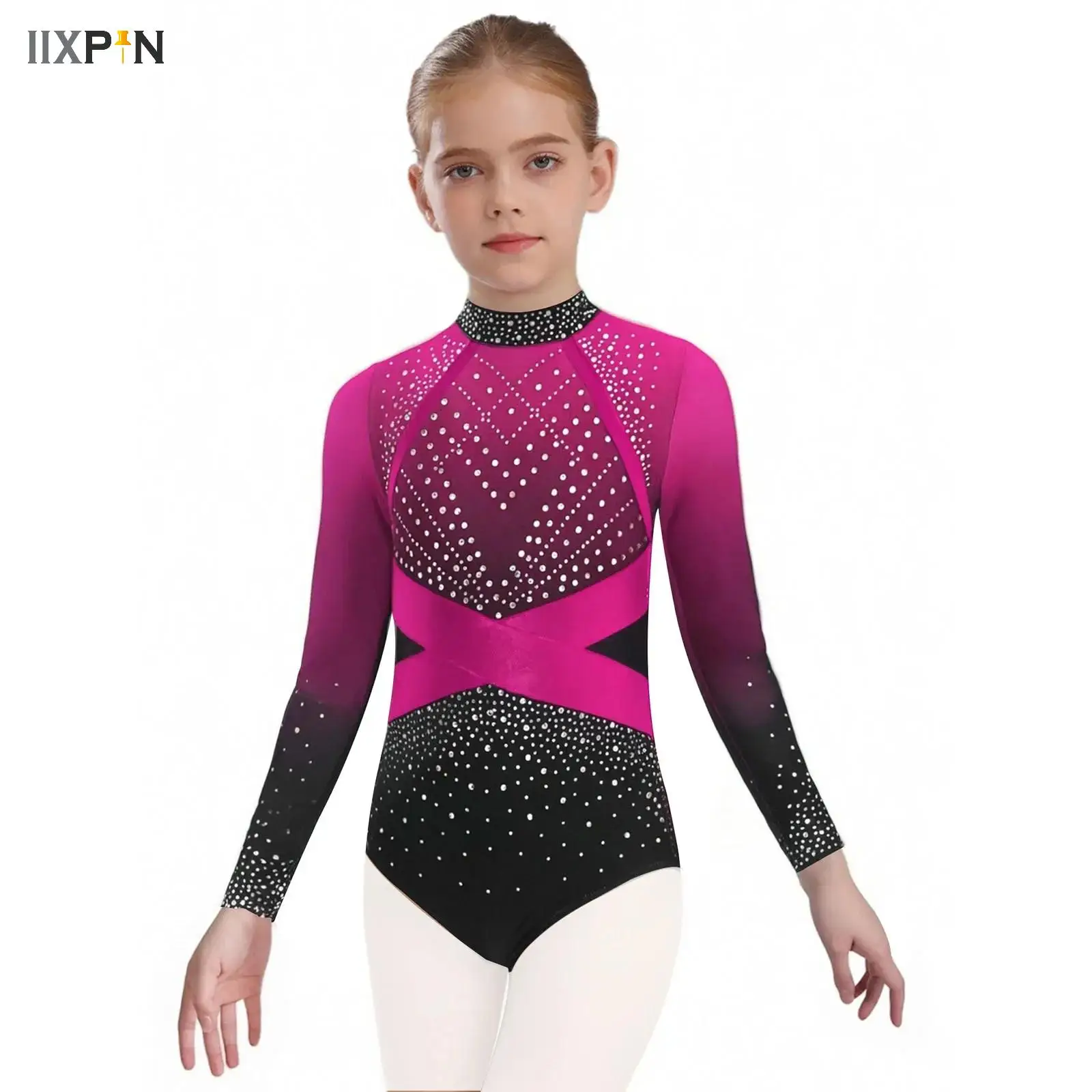 

Kids Girls Figure Skating Ballet Dance Leotards Rhythmic Gymnastics Yoga Bodysuit One Piece Shiny Rhinestone Ballet Dancewear