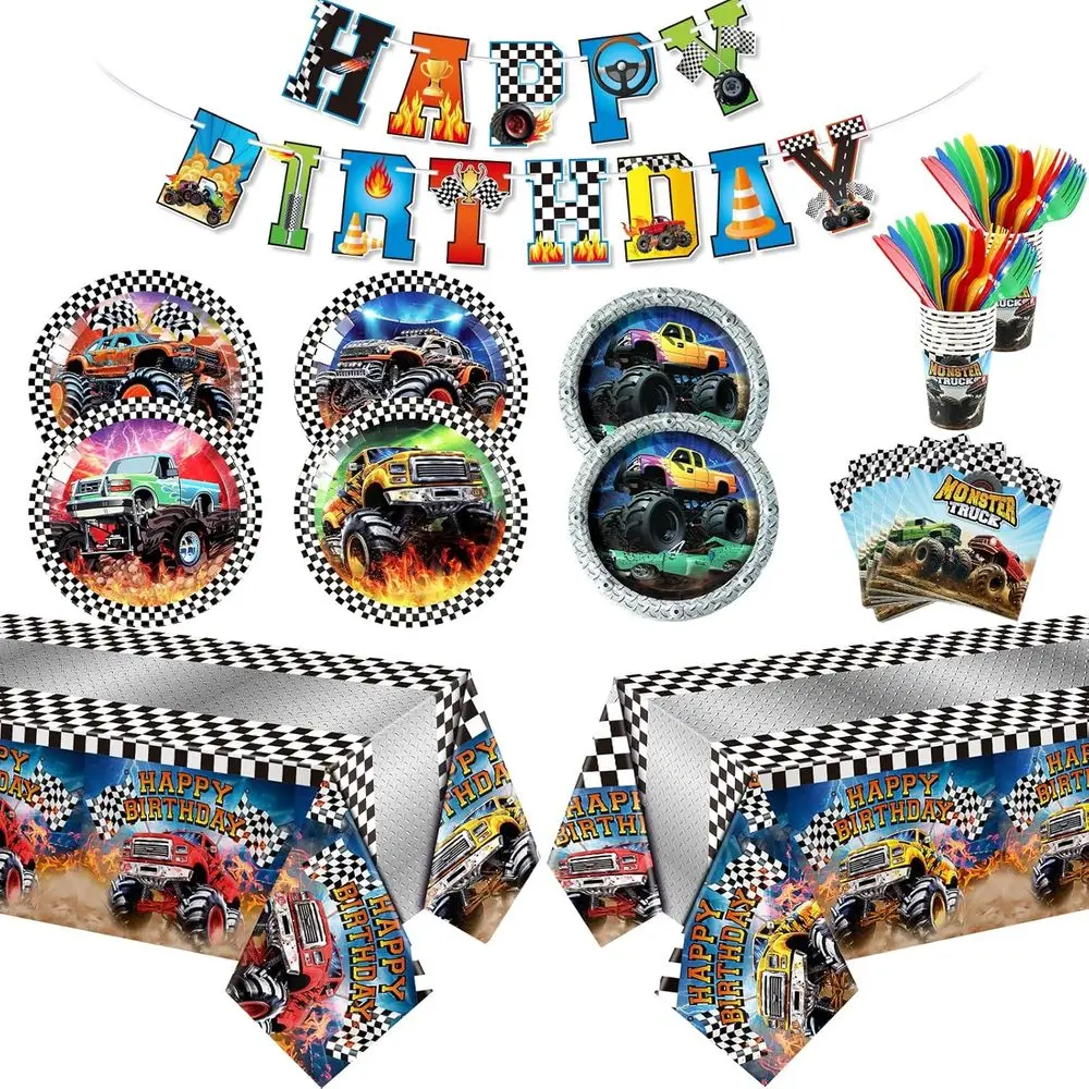 

Mifoci 171 Pcs Truck Party Supplies Tableware Kit Include Plates Cups Knives Forks Spoons Napkins Tablecloths and Banner for Mon