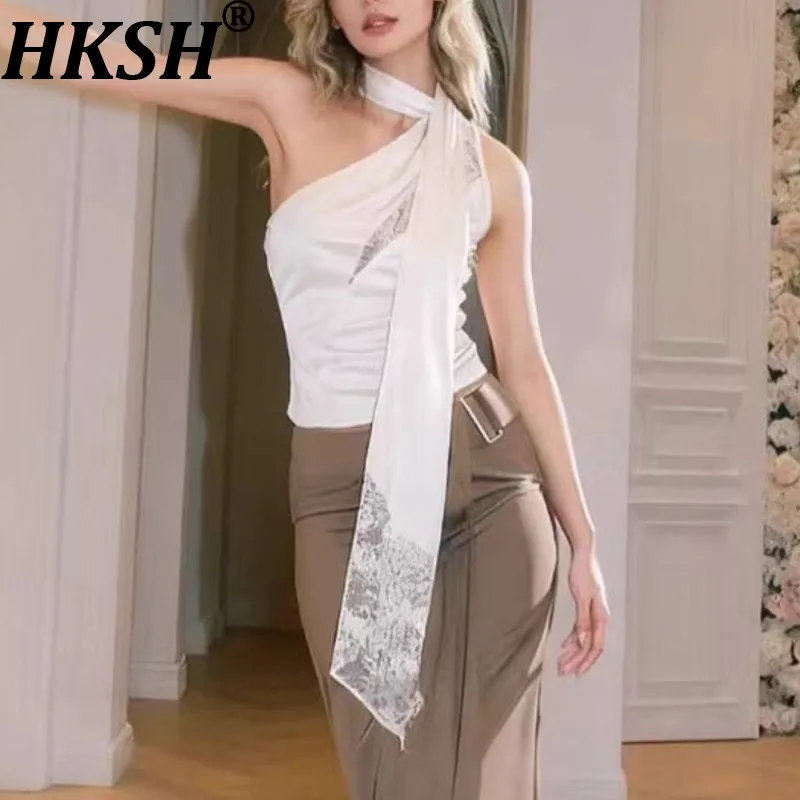 

Женский сексуальный топ HKSH с кружевными вставками, атласный, облегающий, с открытыми плечами, на бретельках, шикарный, высококачественный, трендовый, новинка лета 2026 HK19404