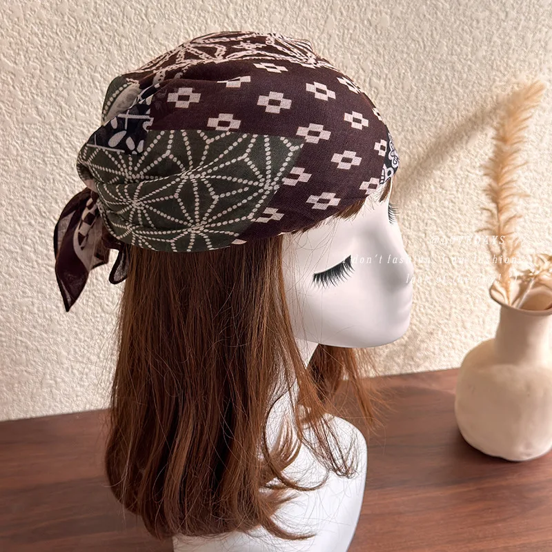 Square Scarf Vintage Color Block Plaid Lightweight Soft Fabric Hip Hop Music Festival Headwrap for Daily Stylish Commute