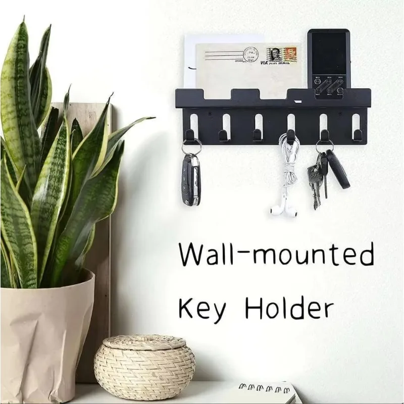 

No-Installation Key Storage Rack, Black Carbon Steel Wall Shelf, Sturdy Key Organizer for Entryway, Hallway, or Office Wall