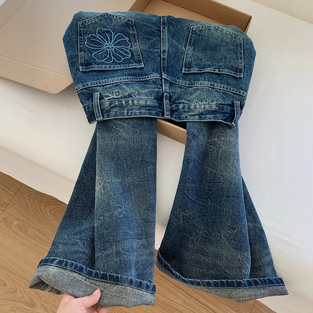 

Retro Washed Blue Denim Pants for Women Floral Embroidery Pocket Jeans American Style High Waist Straight Loose Denim Pants