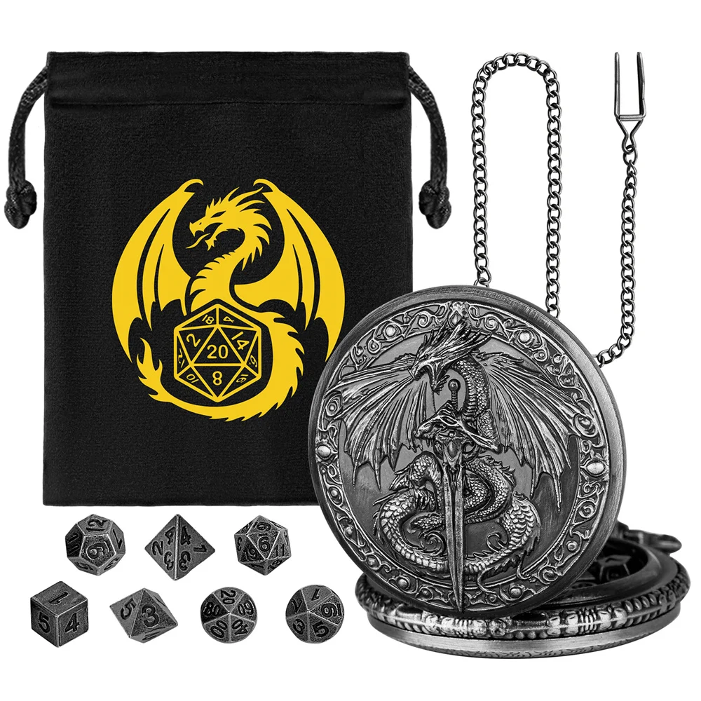 Bronze/Grey Black Sword Dragon Pocket Watch Case Mini Dice Set Entertainment Game Dice Novel Retro Gift for Dices Lovers - view 2