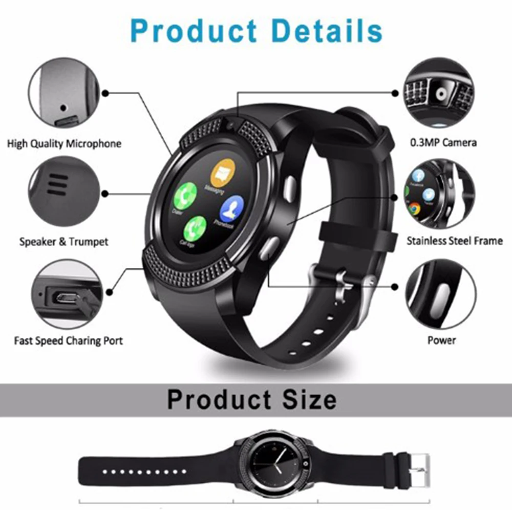 V8 Bluetooth Call Camera Smart Watch Fitness Tracker Blood Pressure Monitor Support TF SIM Card Bracelet Sport Smartwatch