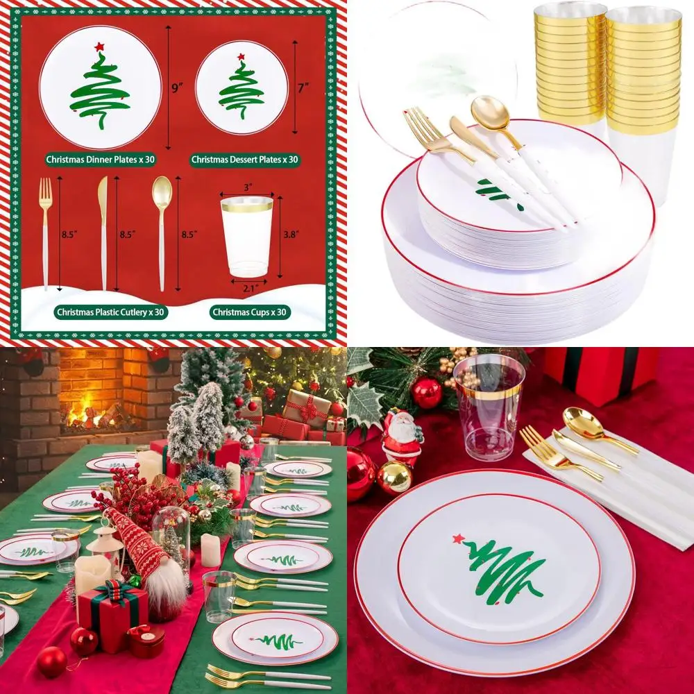 

Elegant 180-Piece Disposable Christmas Dinnerware Set with Gold Cutlery and Clear Tumblers for 30 Guests