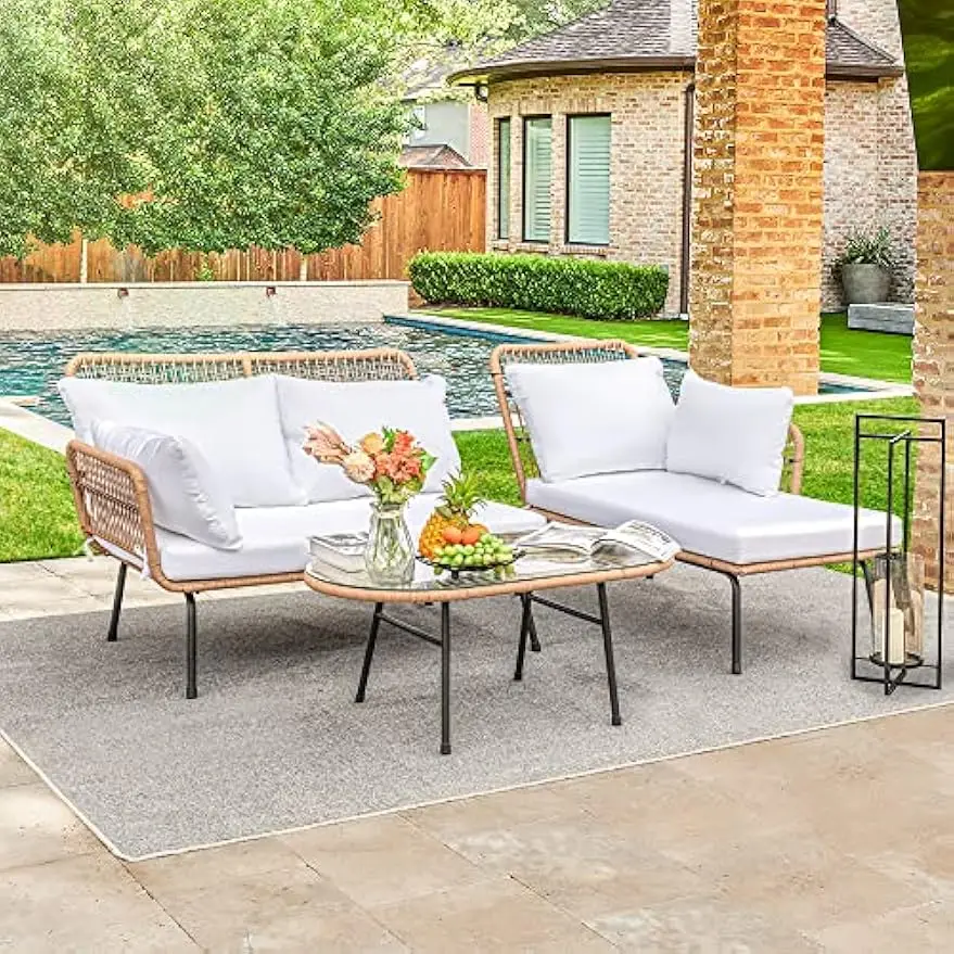 Outdoor Patio Furniture Set, Outdoor Sectional Conversation Rope Woven L-Shaped Sofa Set with Patio Table and Thick Cushions for