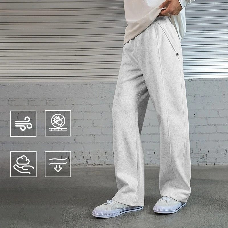 กางเกงวอร์มขาตรงแบบถักสำหรับผู้ชาย สไตล์อเมริกันลำลอง เหมาะสำหรับเล่นบาสเกตบอลและวิ่ง ผลิตจากผ้าฝ้าย 64% ระบายอากาศได้ดี ซับเหงื่อ