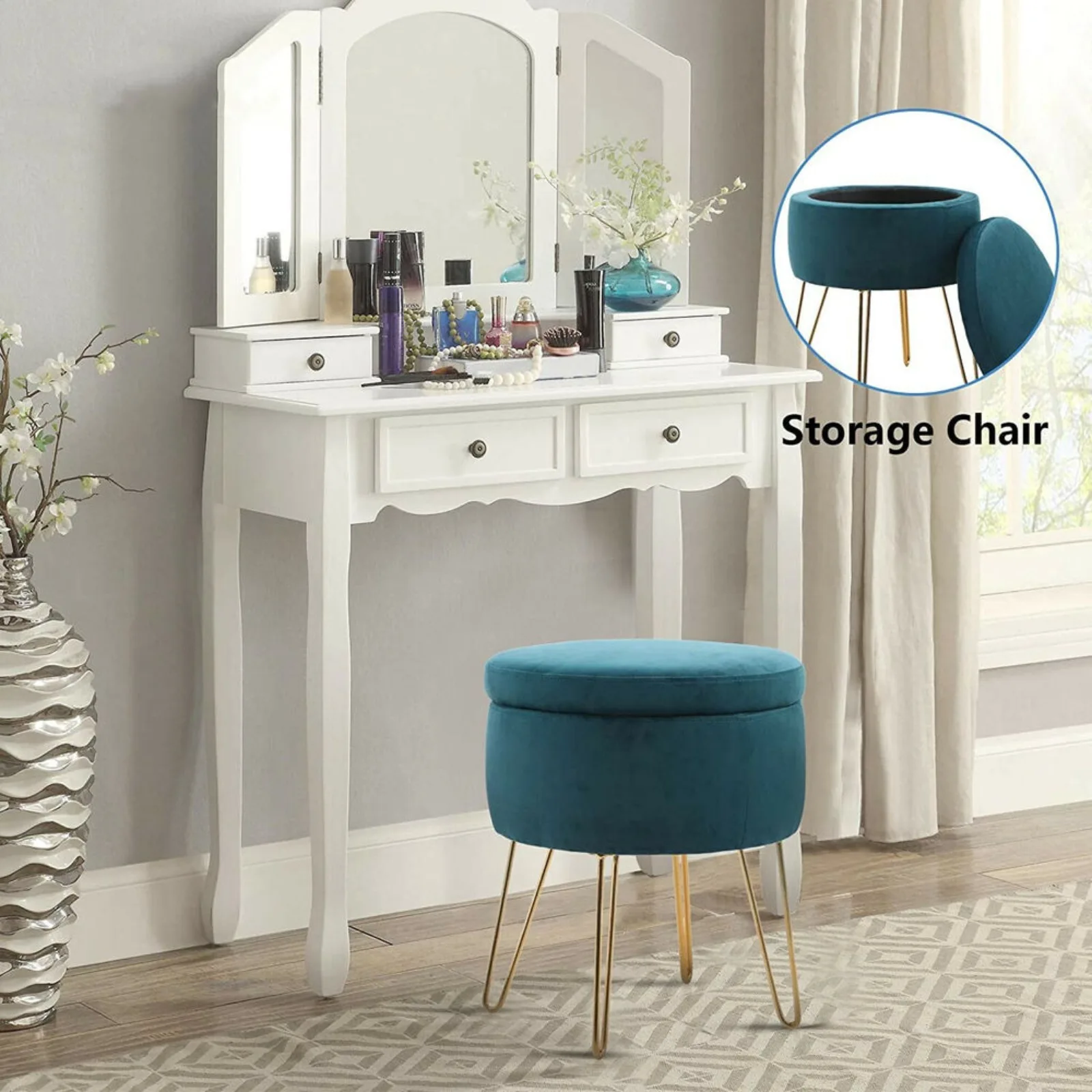 Round Storage Ottoman Removable Getaft Vanity Chair Ottoman Heavy Duty -