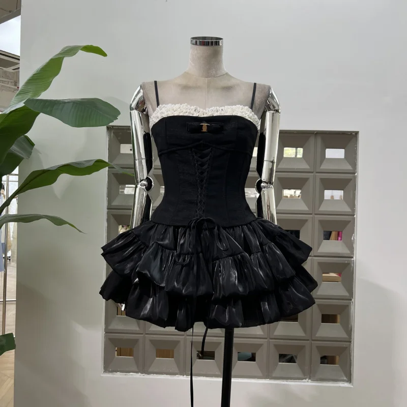 

Sweet Age-Reducing Pearl Lace Trim Fishbone Crop Top+Flowing Gauze Cake Puffy Skirt