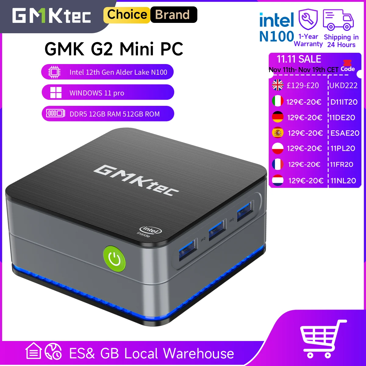 GMKtec G2 Mini PC Windows 11 Pro Intel 12th Gen Alder Lake N100 Mini PC DDR5 12GB RAM 512GB ROM WiFi 6 BT5.2 Desktop Computer