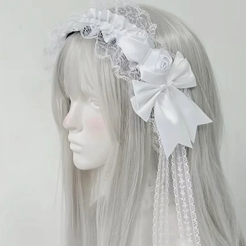 Gothic Lolita Lace Headbands for Women Double Black White Satin Rose Flower Bow with Tassel Elegant Cosplay Hair Accessories view 3