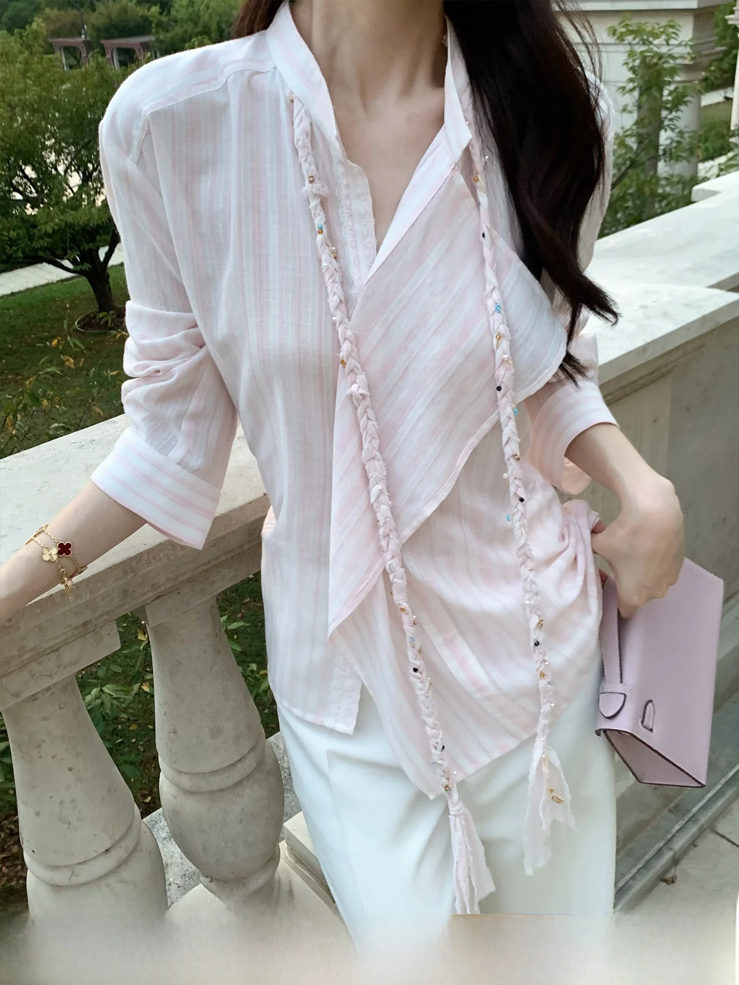 

Kun Total Sweet Tea Pink Striped Long Sve Women's irt Spring Design Waist-Cinching Casual Top New Sle Cotton Blend