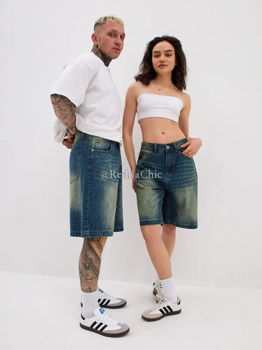 REDDACHiC เก่าหนวดเบอร์มิวดากางเกง Baggy Jorts กระเป๋าต่ําเอว Vintage Wash Denim กางเกงขาสั้นฤดูร้อนผู้ชาย Streetwear