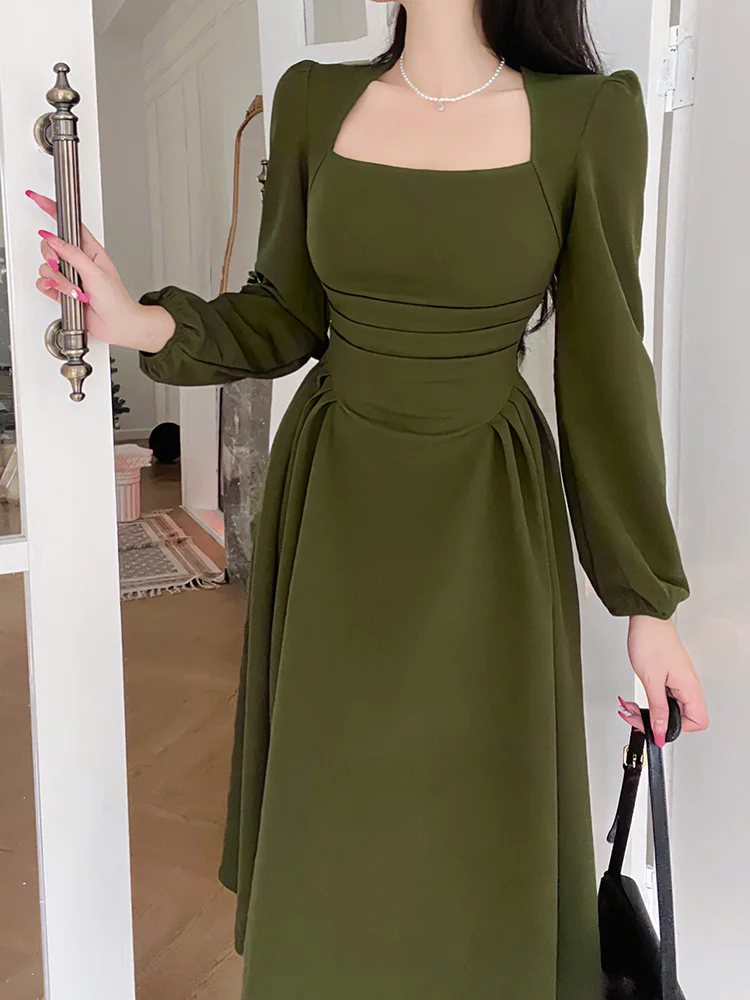 

2023 Fashion Even Puff Long Sleeve Commuting Midi Elegant Dress Sexy Party Women Night Dresses Office Streetwear Bodycon Robe