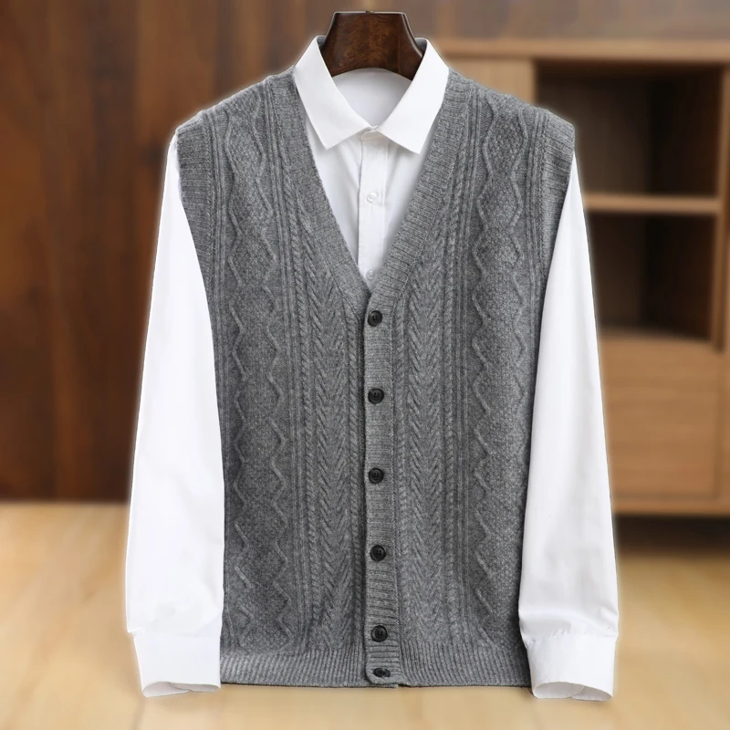 Men Wool Waistcoat Sleeveless Sweater V-neck Cardigans Twist Flower Cashmere 100% Merino Wool Knitted Vintage Vest Autumn Winter