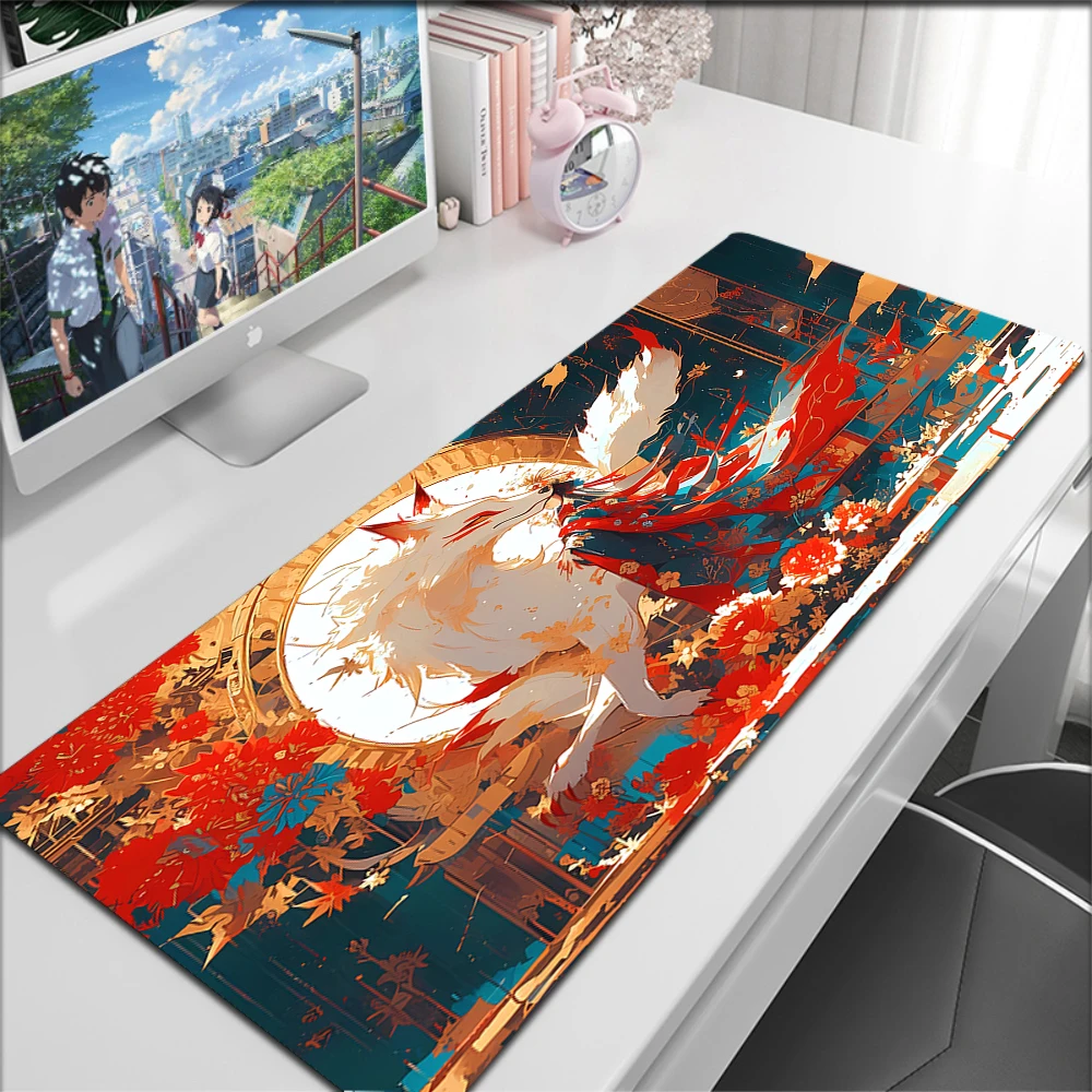 Cute Fox Large Gaming Mousepad XXL Gamer Mouse Pad 900x400 Office Long Table Accessories Mouse Mat Kawaii Desk Mat For Bedroom