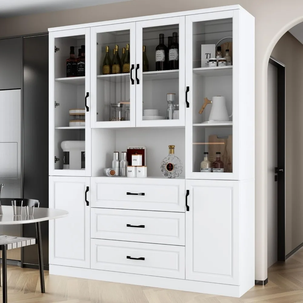 

Kitchen Hutch Storage Cabinet with Glass Doors, Kitchen Pantry Cabinet with Shelves & 3 Drawers, White (63”W x 15.7”D x 78.7”H)