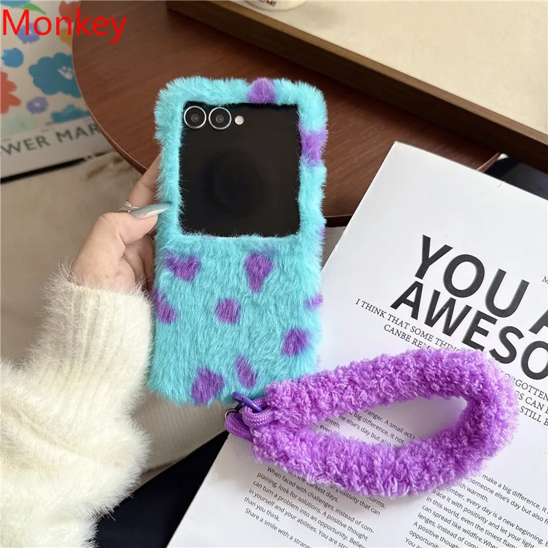 Plush Blue Spot Pattern Cute Phone Cases With Chain For Samsung Galaxy Z Flip 8 7 FE 6 5 4 3 ZFlip8 ZFlip7 Hard Protective Cover