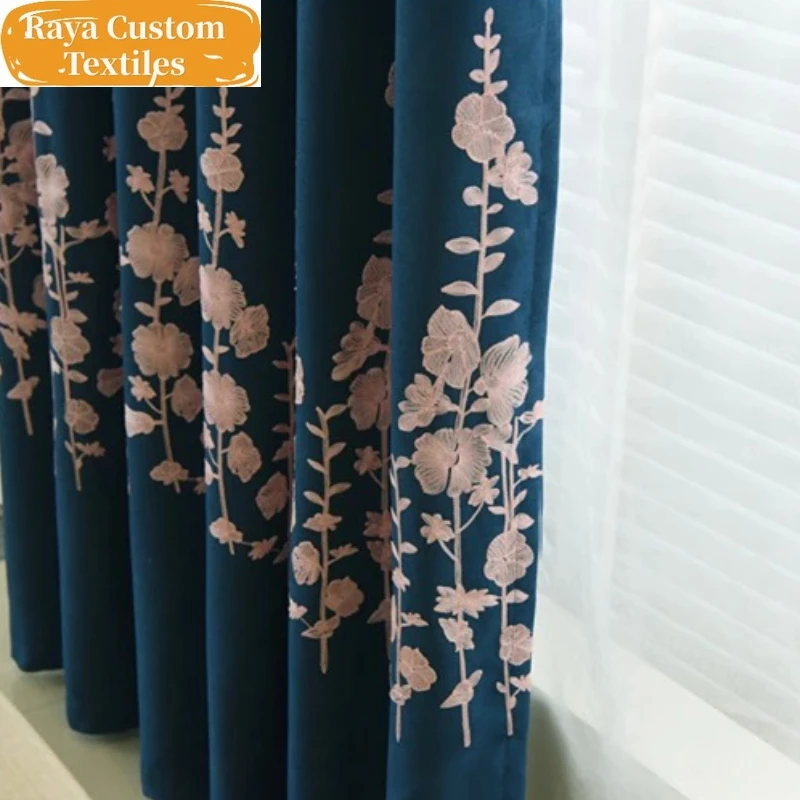 

Custom Size！！European Pastoral Imitation Cotton Romantic and Linen Embroidered Blackout Curtains for Living Dining Room Bedroom