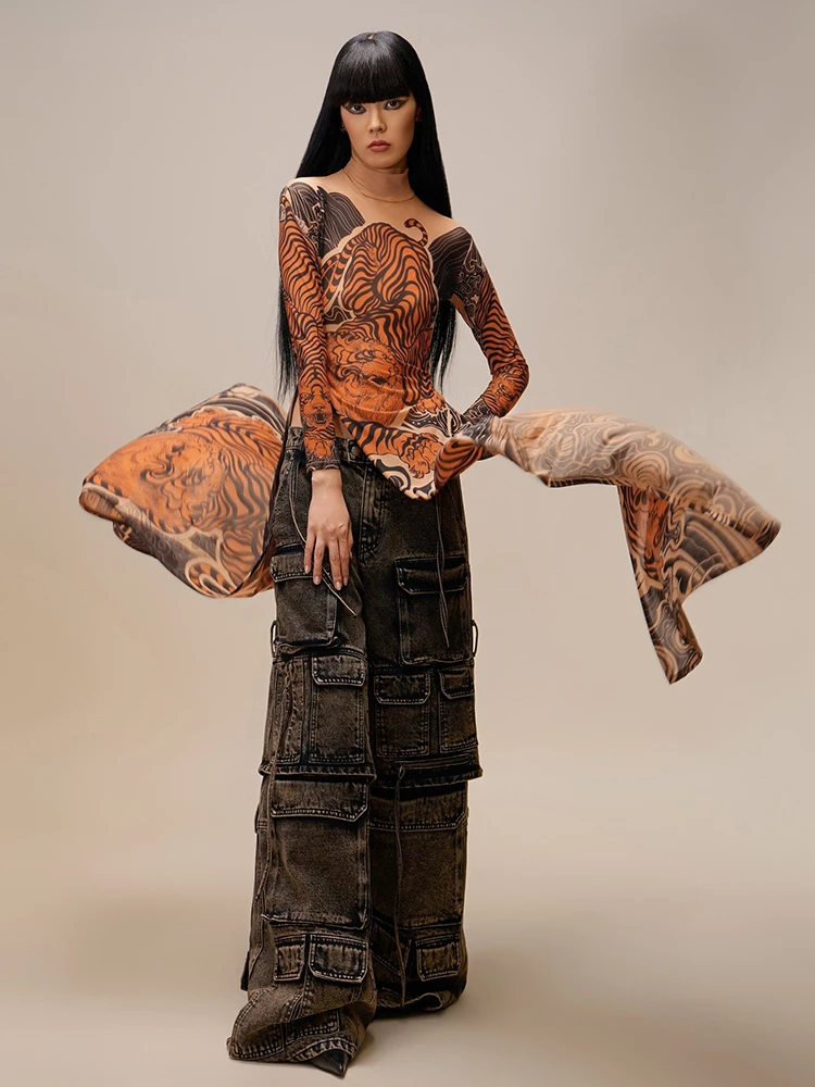 Weird Puss See Through T-Shirts Women Tiger Print Long Sleeve High Neck High Slits High Elastic Skinny Trend Street Hipster Tops