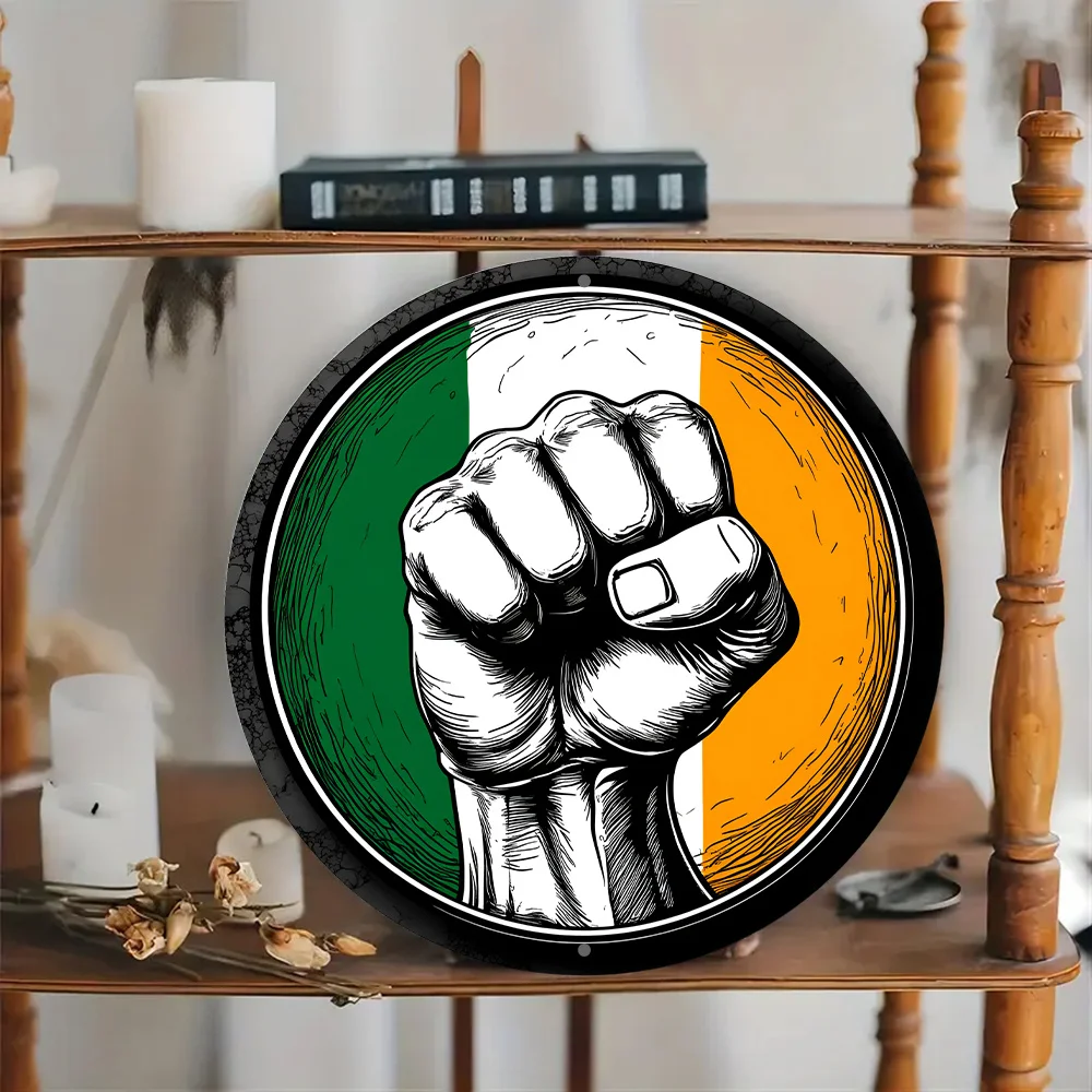 2D Flat, Irish Flag & Celtic Fist Symbol Aluminum Wall Plaque - Retro Ireland-Themed Round Metal Sign Suitable for Day, Irish, &