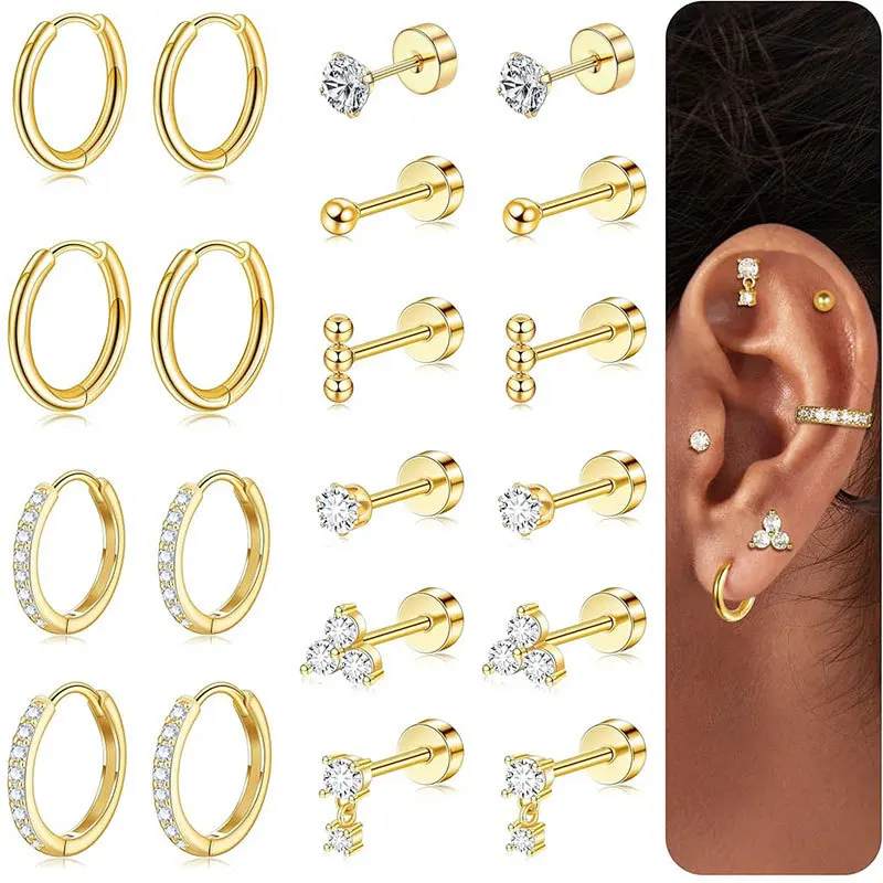 Hypoallergene Ohrstecker aus chirurgischem Stahl, Creolen-Set, Creolen, Tragus-Knorpel-Piercing, flache Rückseite, Ohrring für Damenschmuck – Detail 1