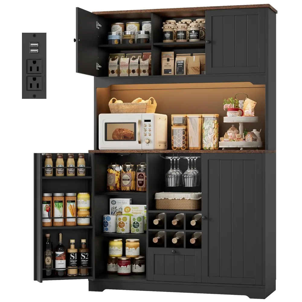 Armario de despensa de 71 pulgadas con luz LED y estación de carga, armario de despensa de cocina con soporte para microondas, aparador de cocina, personalizado