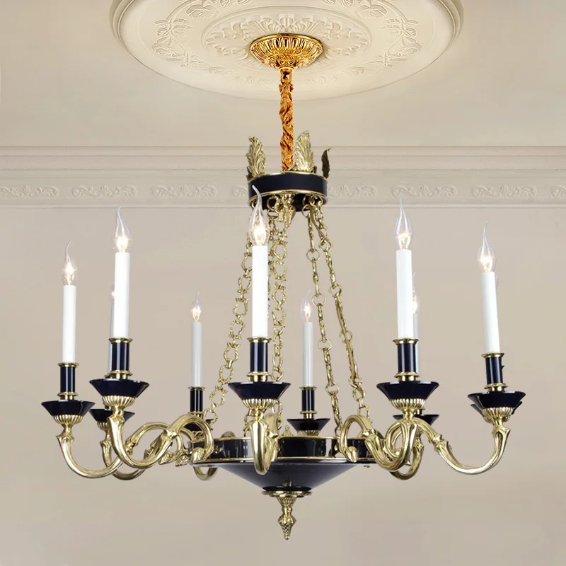 

European Classical Black Brass Pendant Light Vintage Living Room Dinning Room Staircase Lamp French Copper Candle Chandelier