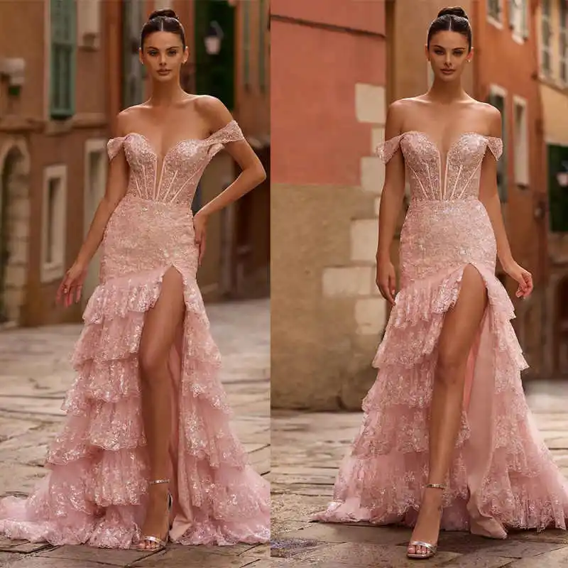 Eleganckie Sukienki Wieczorowe Syrenka Bez Ramiączek Z Cekinami Aplikacjami Rozcięciem Bez Rękawów Suknie Balowe Sukienki na Przyjęcia Szyte na Miarę Robe De Soirée