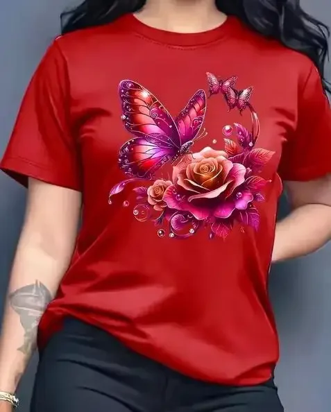 Purple Rose Flower Women T Shirt Pink Butterfly Graphic Printed Summer Tops Coquette Aesthetic Clothing Y2k Fairycore Short Sleeve Casual Tees