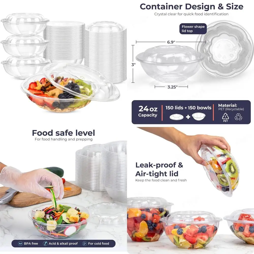 

Disposable Plastic Salad Bowls 150 Pack 24 oz Clear with Airtight Lids for Meal Prep, Lunch, Takeout, Party, Catering