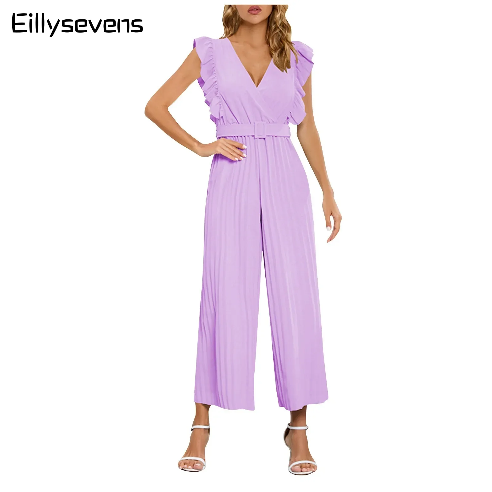 Fashion Womens Jumpsuits High Waist Sleeveless Ruffle Sleeves V Neck Pleated Wide Leg Jumpsuits Summer Thin Comfy Jumpsuits